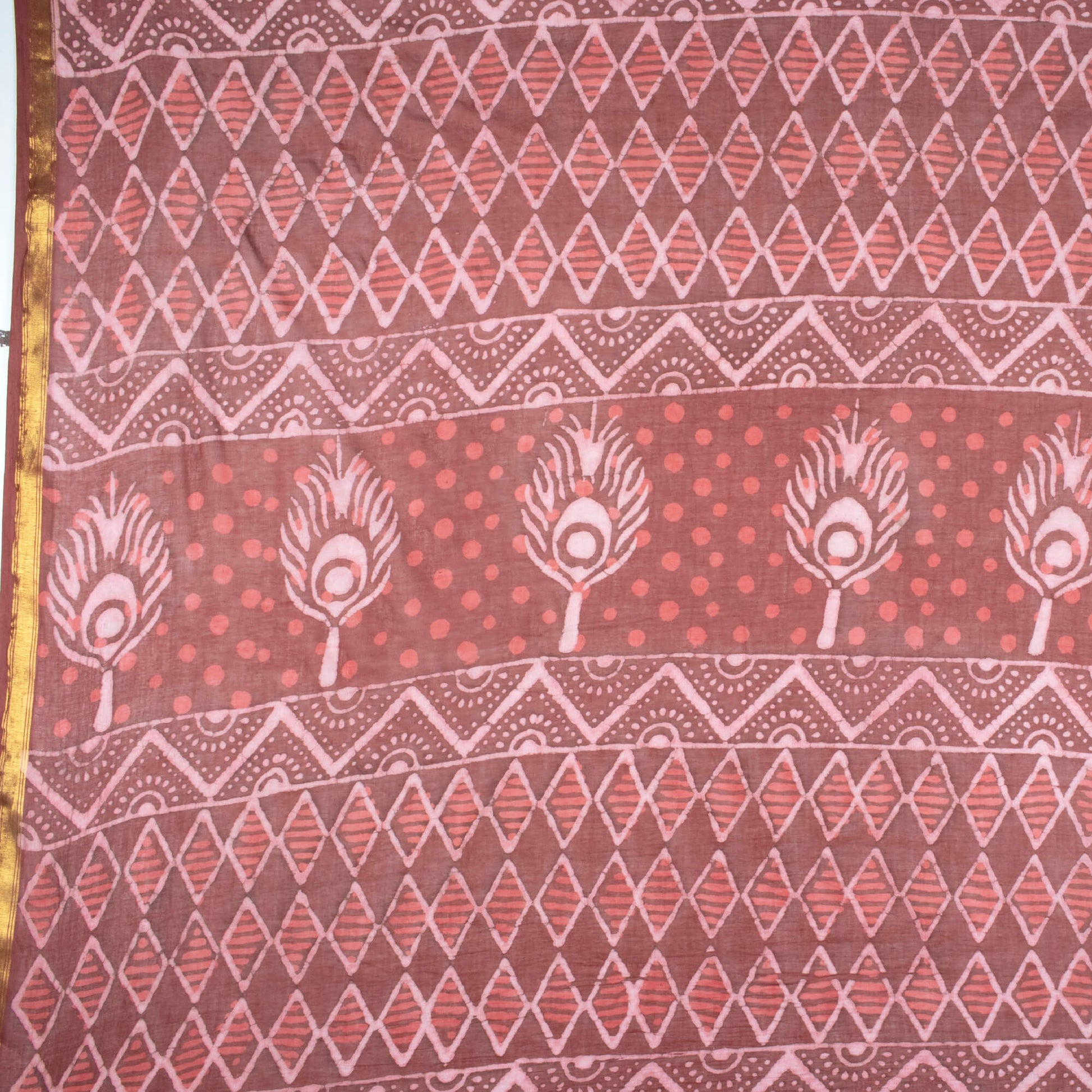 Maroon And Beige Ethnic Pattern Kashish Handblock Zari Bordered Cotton Mulmul Saree With Blouse - Fabcurate