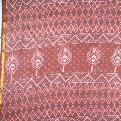 Maroon And Beige Ethnic Pattern Kashish Handblock Zari Bordered Cotton Mulmul Saree With Blouse - Fabcurate