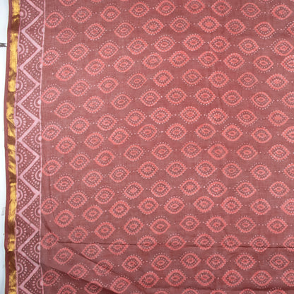 Maroon And Beige Ethnic Pattern Kashish Handblock Zari Bordered Cotton Mulmul Saree With Blouse - Fabcurate