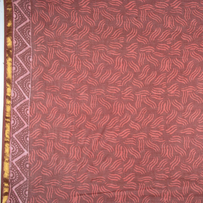 Maroon And Beige Ethnic Pattern Kashish Handblock Zari Bordered Cotton Mulmul Saree With Blouse - Fabcurate