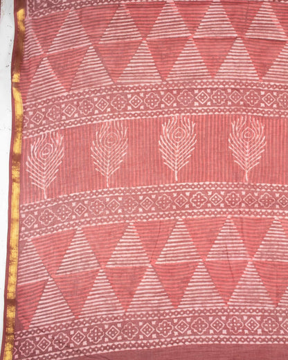 Maroon And Beige Geometric Pattern Kashish Handblock Zari Bordered Cotton Mulmul Saree With Blouse - Fabcurate
