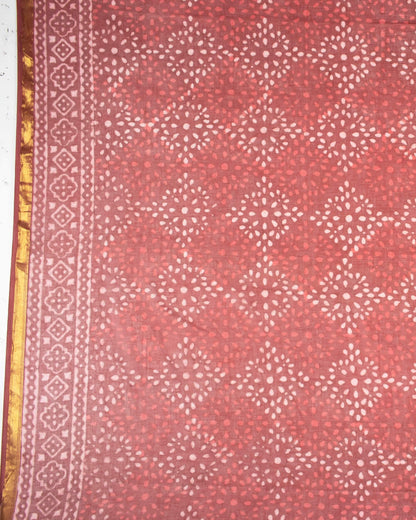 Maroon And Beige Geometric Pattern Kashish Handblock Zari Bordered Cotton Mulmul Saree With Blouse - Fabcurate