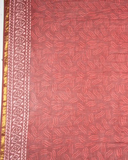 Maroon And Beige Geometric Pattern Kashish Handblock Zari Bordered Cotton Mulmul Saree With Blouse - Fabcurate
