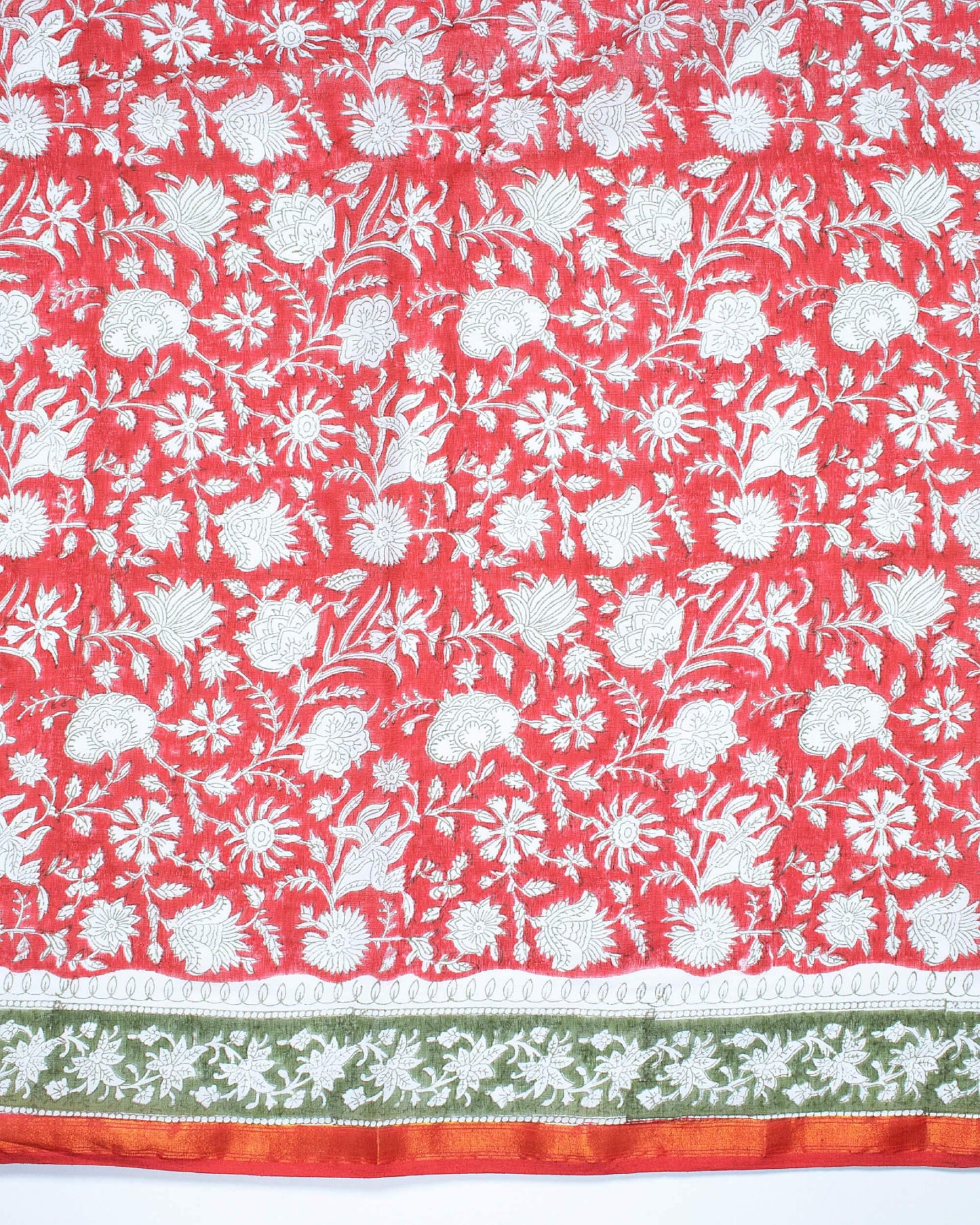 White And Crimson Red Floral Pattern Handblock Zari Bordered Cotton Mulmul Saree With Blouse - Fabcurate