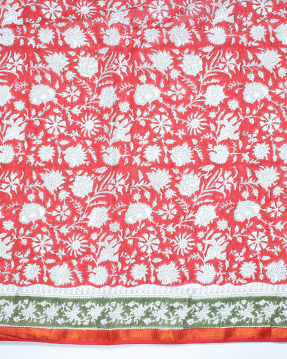 White And Crimson Red Floral Pattern Handblock Zari Bordered Cotton Mulmul Saree With Blouse - Fabcurate