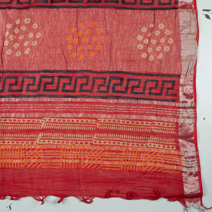 Cherry Red And Cream Floral Pattern Handblock Zari Borderd With Heavy Pallu Cotton By Linen Saree