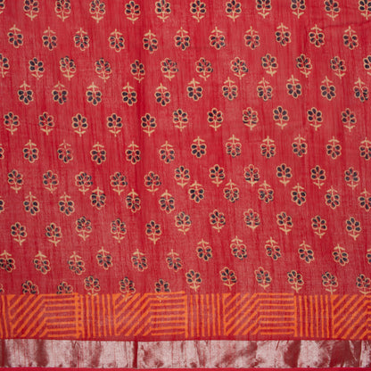 Cherry Red And Cream Floral Pattern Handblock Zari Borderd With Heavy Pallu Cotton By Linen Saree