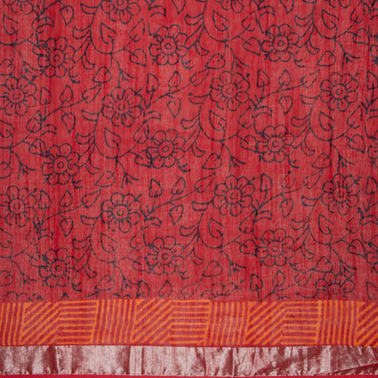 Cherry Red And Cream Floral Pattern Handblock Zari Borderd With Heavy Pallu Cotton By Linen Saree