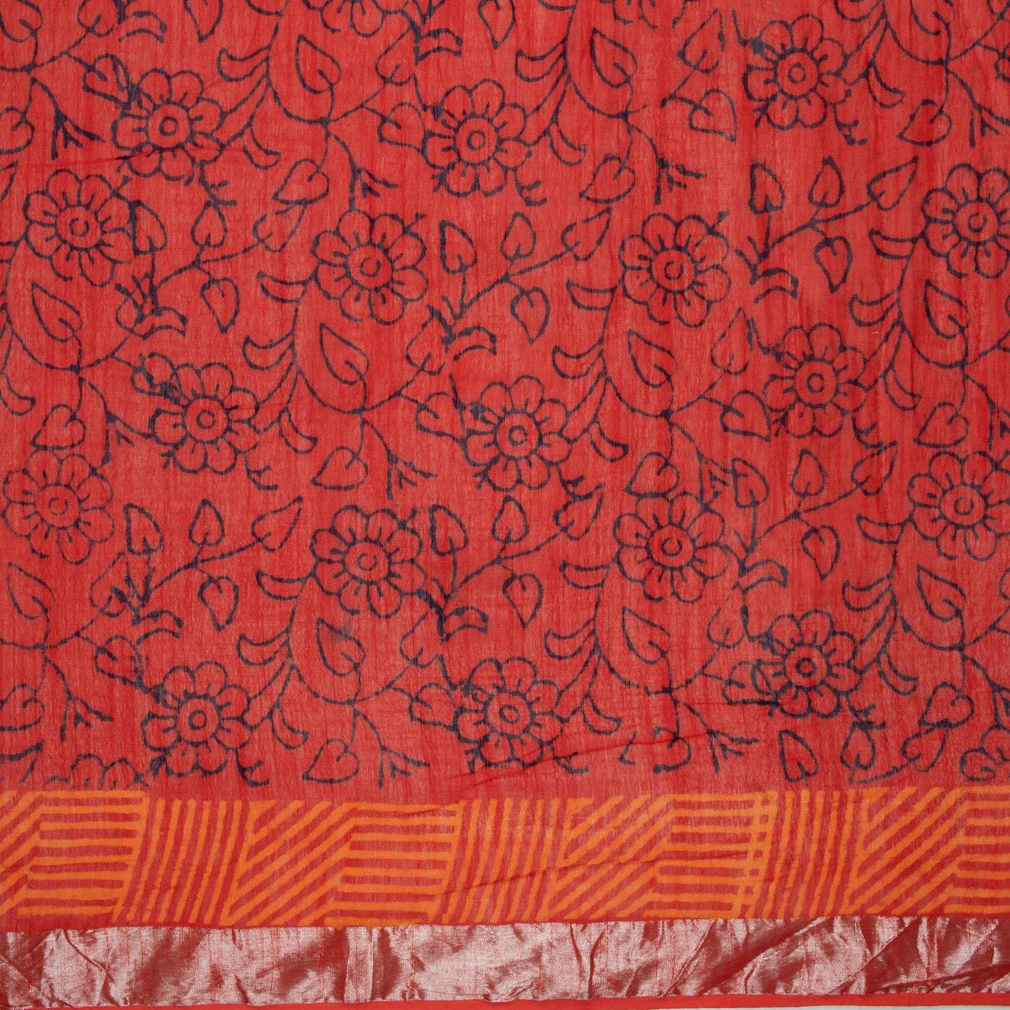 Dark Orange And Cream Floral Pattern Handblock Zari Bordered With Heavy Pallu Cotton By Linen Saree With Blouse