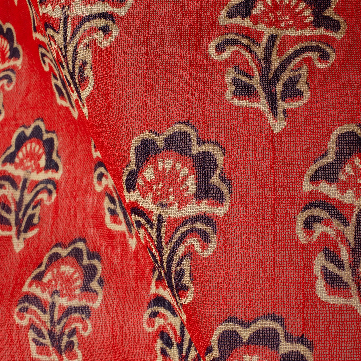 Dark Orange And Cream Floral Pattern Handblock Zari Bordered With Heavy Pallu Cotton By Linen Saree With Blouse