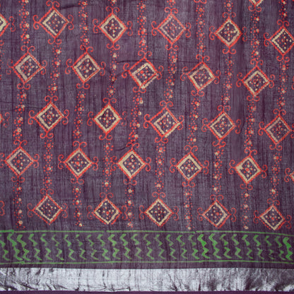 Eggplant Purple And Red Traditional Pattern Handblock Zari Bordered With Heavy Pallu Cotton By Linen Saree