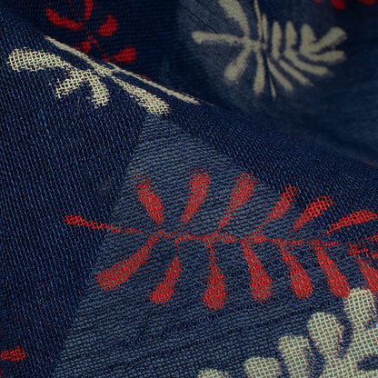 Prussian Blue And Cream Leaf Pattern Handblock Zari Bordered With Heavy Pallu Cotton By Linen Saree