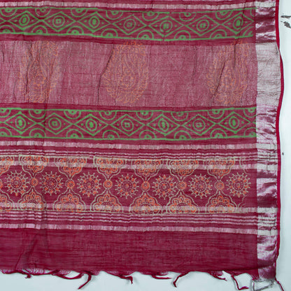 Mulberry Purple And Red Floral Pattern Handblock Zari Bordered With Heavy Pallu Cotton By Linen Saree With Blouse
