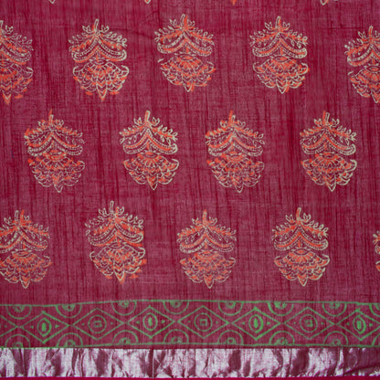 Mulberry Purple And Red Floral Pattern Handblock Zari Bordered With Heavy Pallu Cotton By Linen Saree With Blouse