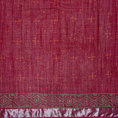 Mulberry Purple And Red Floral Pattern Handblock Zari Bordered With Heavy Pallu Cotton By Linen Saree With Blouse