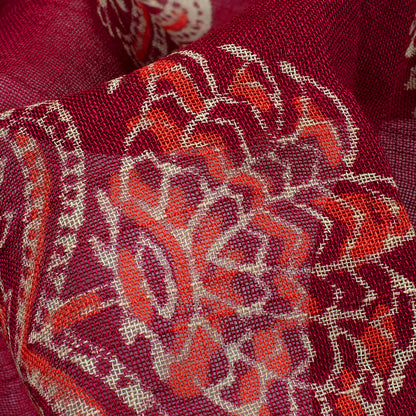 Mulberry Purple And Red Floral Pattern Handblock Zari Bordered With Heavy Pallu Cotton By Linen Saree With Blouse