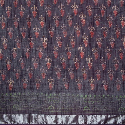 Eggplant Purple And Red Booti Pattern Handblock Zari Bordered With Heavy Pallu Cotton By Linen Saree