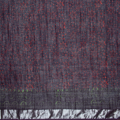 Eggplant Purple And Red Booti Pattern Handblock Zari Bordered With Heavy Pallu Cotton By Linen Saree