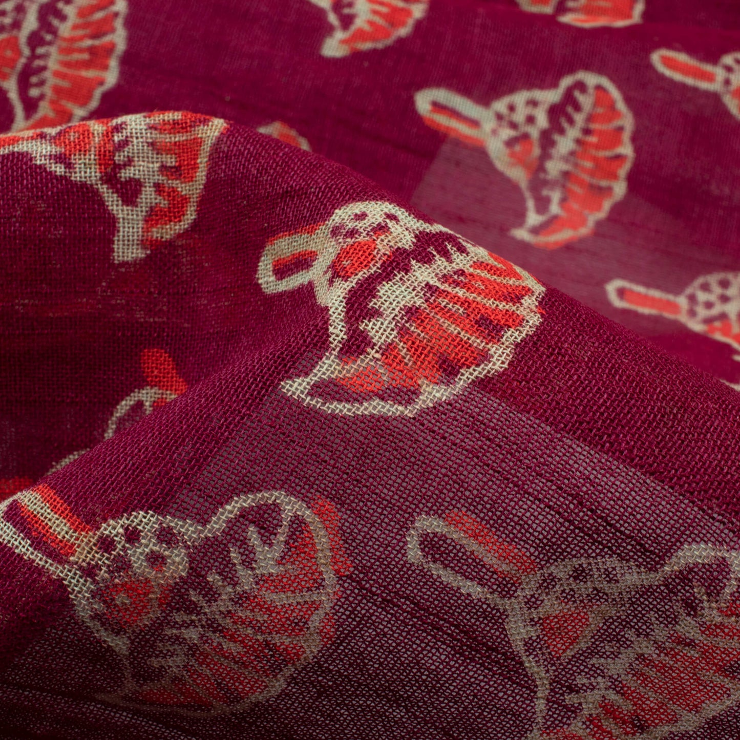 Mulberry Purple And Red Booti Pattern Handblock Zari Bordered With Heavy Pallu Cotton By Linen Saree With Blouse