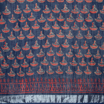 Prussian Blue And Red Booti Pattern Handblock Zari Bordered With Heavy Pallu Cotton By Linen Saree