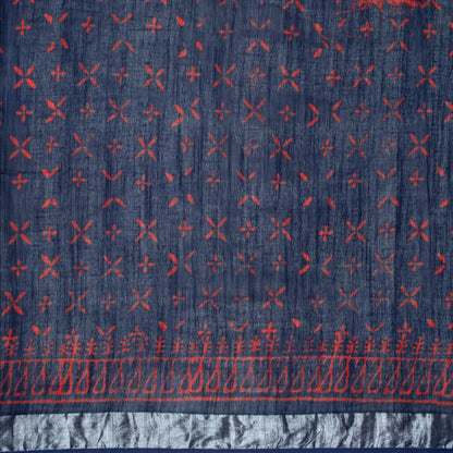 Prussian Blue And Red Booti Pattern Handblock Zari Bordered With Heavy Pallu Cotton By Linen Saree