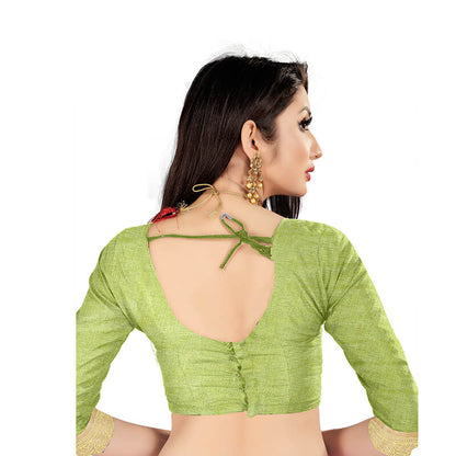Pistachio Green And Orange Floral Pattern Zari Jacquard Borderd Art Tussar Silk Premium Saree