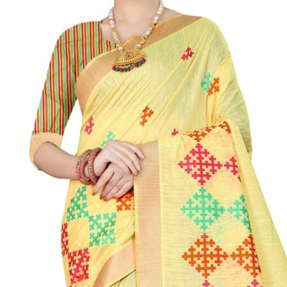 Cream And Orange Geometric Pattern Zari Jacquard Borderd Linen Textured Premium Saree
