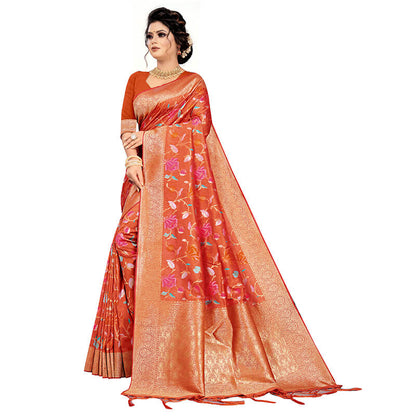 Orange And Fuchsia Floral Pattern Zari Jacquard Borderd Art Tussar Silk Premium Saree With Tassels