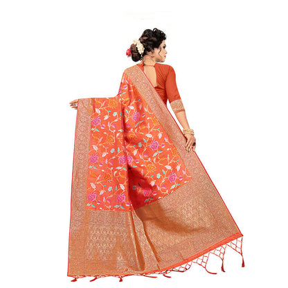 Orange And Fuchsia Floral Pattern Zari Jacquard Borderd Art Tussar Silk Premium Saree With Tassels