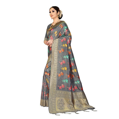 Anchor Grey And Fuchsia Floral Pattern Zari Jacquard Borderd Art Tussar Silk Premium Saree With Tassels