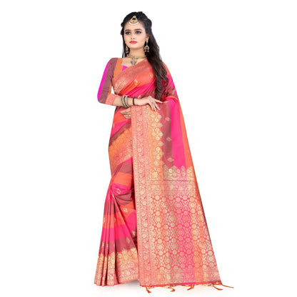 Orange And Fuchsia Booti Pattern Zari Jacquard Borderd Art Tussar Silk Saree With Tassels