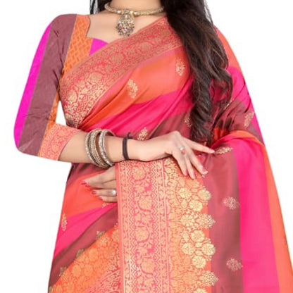 Orange And Fuchsia Booti Pattern Zari Jacquard Borderd Art Tussar Silk Saree With Tassels
