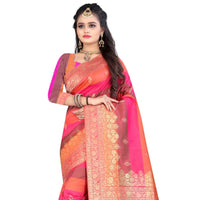 Orange And Fuchsia Booti Pattern Zari Jacquard Borderd Art Tussar Silk Saree With Tassels