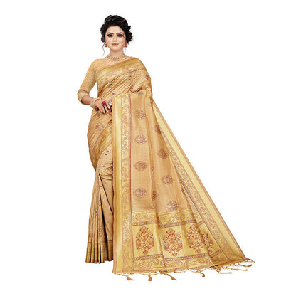Beige And Red Ethnic Pattern Zari Jacquard Borderd Art Tussar Silk Premium Saree