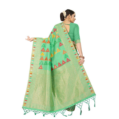 Pistachio Green And Orange Geometric Pattern Zari Jacquard Borderd Art Tussar Silk Premium Saree