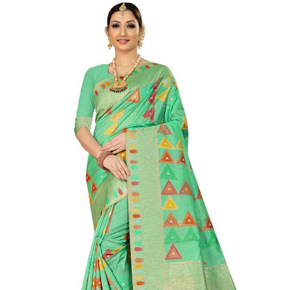 Sea Green And Orange Geometric Pattern Zari Jacquard Borderd Art Tussar Silk Premium Saree