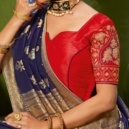 Navy Blue Floral Pattern Zari Jacquard Bordered Art Tussar Silk Saree