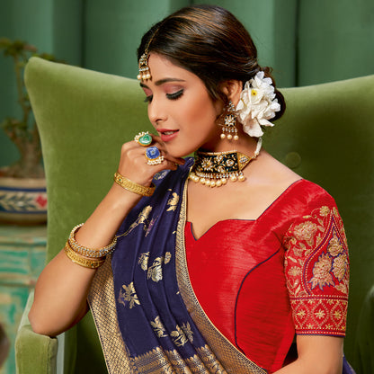 Navy Blue Floral Pattern Zari Jacquard Bordered Art Tussar Silk Saree