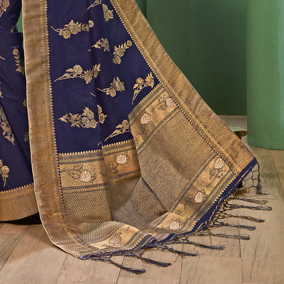 Navy Blue Floral Pattern Zari Jacquard Bordered Art Tussar Silk Saree