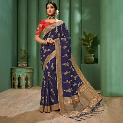 Navy Blue Floral Pattern Zari Jacquard Bordered Art Tussar Silk Saree