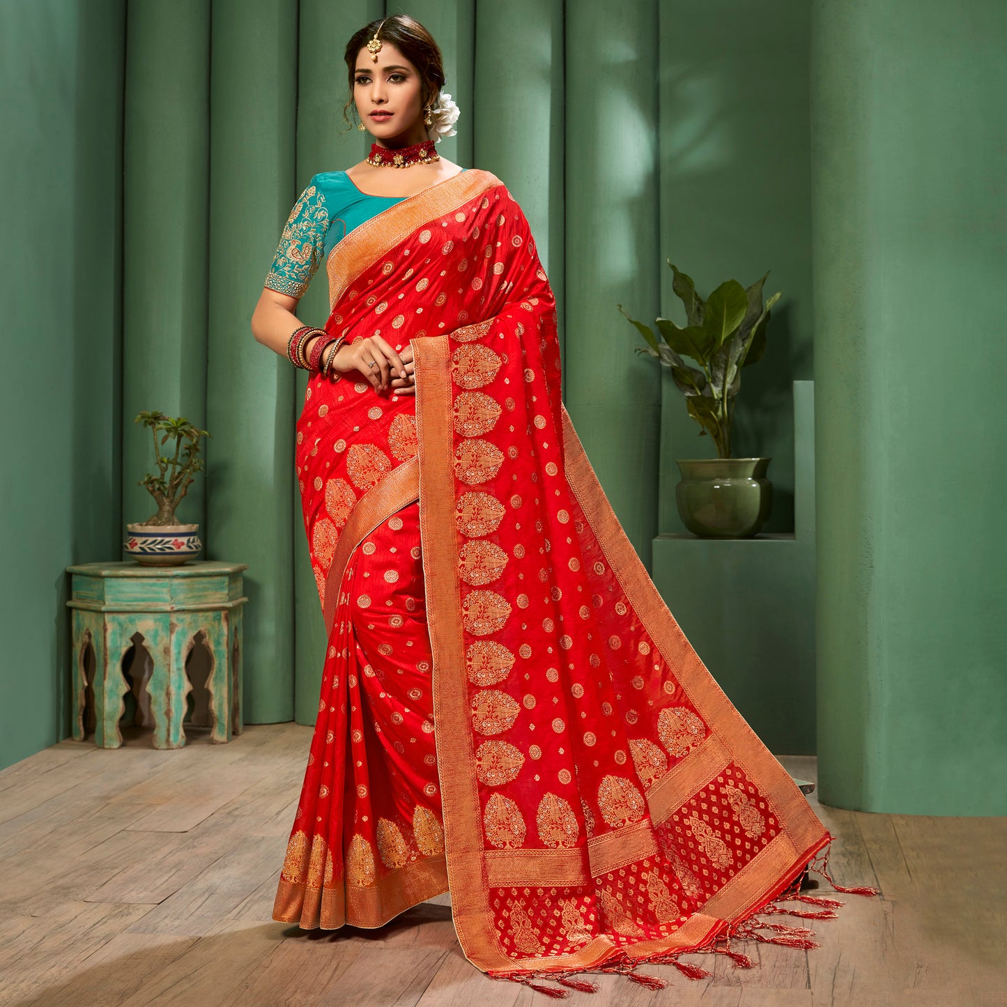 Red Ethnic Pattern Zari Jacquard Bordered Art Tussar Silk Saree with Two Blouses