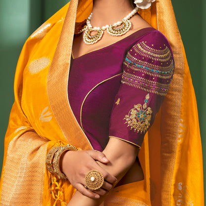 Yellow Floral  Pattern Zari Jacquard Bordered Art Tussar Silk Saree with Two Blouses