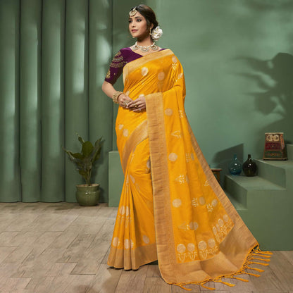 Yellow Floral  Pattern Zari Jacquard Bordered Art Tussar Silk Saree with Two Blouses