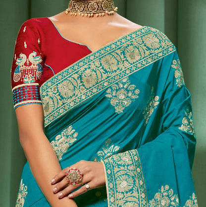 Peacock Blue Floral Pattern Zari Jacquard Bordered Art Tussar Silk Saree