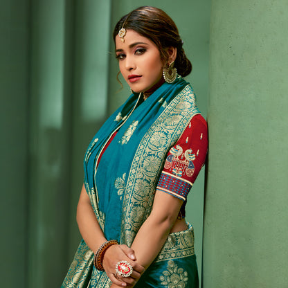 Peacock Blue Floral Pattern Zari Jacquard Bordered Art Tussar Silk Saree