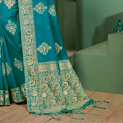 Peacock Blue Floral Pattern Zari Jacquard Bordered Art Tussar Silk Saree