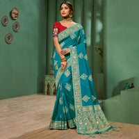 Peacock Blue Floral Pattern Zari Jacquard Bordered Art Tussar Silk Saree