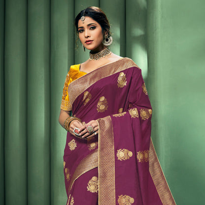 Wine Purple Ethnic Pattern Zari Jacquard Bordered Art Tussar Silk Saree
