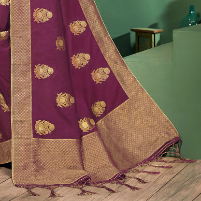 Wine Purple Ethnic Pattern Zari Jacquard Bordered Art Tussar Silk Saree