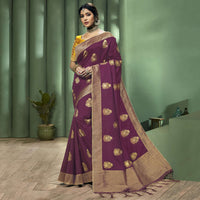 Wine Purple Ethnic Pattern Zari Jacquard Bordered Art Tussar Silk Saree
